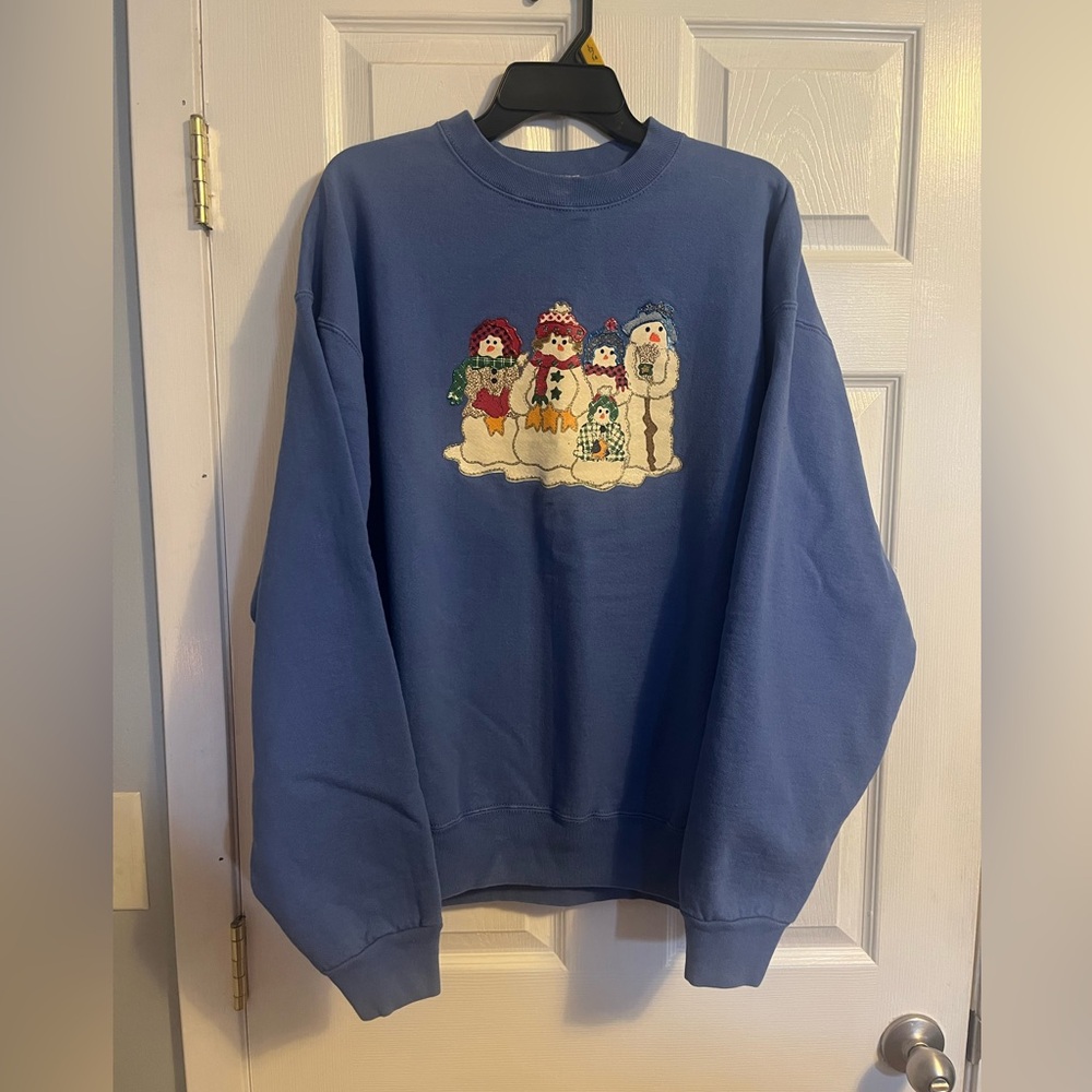 Vintage Blue Crewneck Sweatshirt with Snowman Family Embroidery